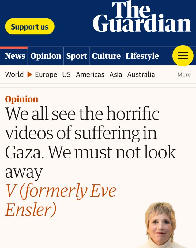 We all see the horrific videos of suffering in Gaza. We must not look away V (formerly Eve Ensler) The Guardian